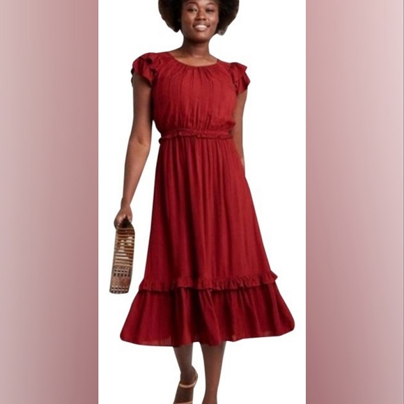 Universal Thread Burgundy Tiered Boho Midi Dress - Picture 2 of 7